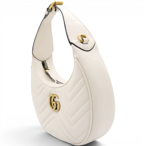 Gucci Matelasse Chevron GG Marmont Half Moon Hobo Mystic White 