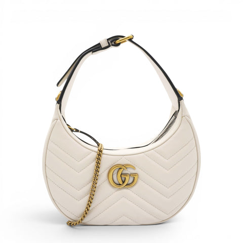 Gucci Matelasse Chevron GG Marmont Half Moon Hobo Mystic White 