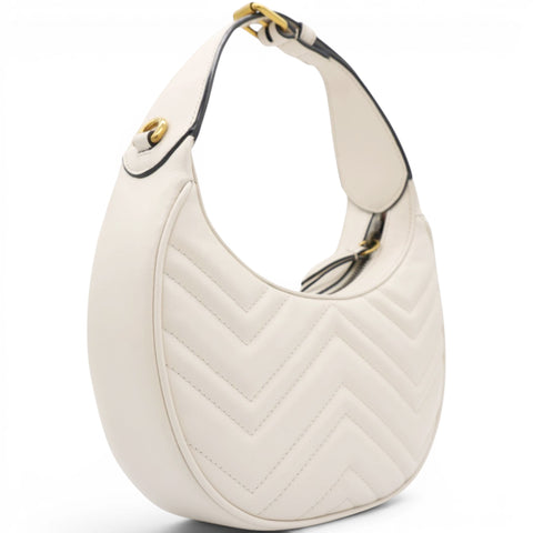 Gucci Matelasse Chevron GG Marmont Half Moon Hobo Mystic White 