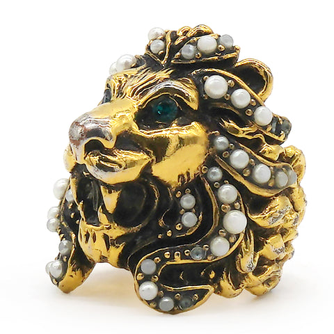 Gucci Metal Pearl Crystal Lion Head Ring Aged Gold Size16/56