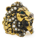 Gucci Metal Pearl Crystal Lion Head Ring Aged Gold Size16/56
