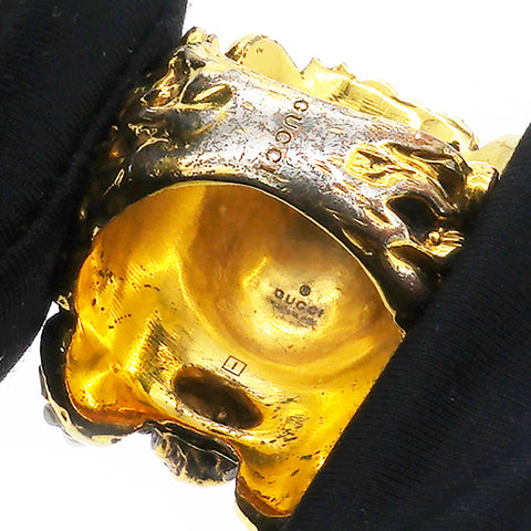 Gucci Metal Pearl Crystal Lion Head Ring Aged Gold Size16/56