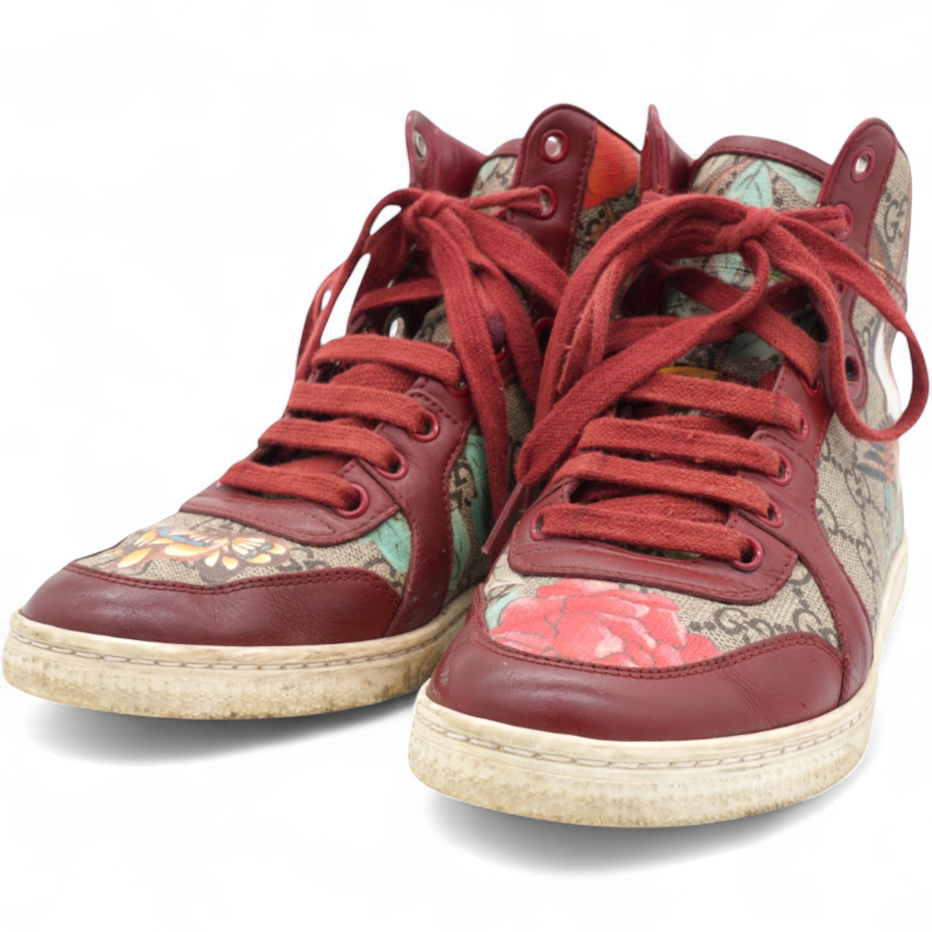 Gucci Pink Blooms Print Coated Canvas and Suede High Top Sneakers Size35.5 