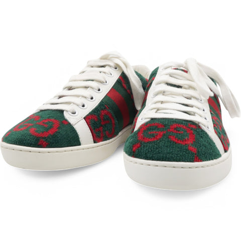 Gucci Terry Cloth GG Monogram Web Womens Ace Sneakers Green Red Size35 