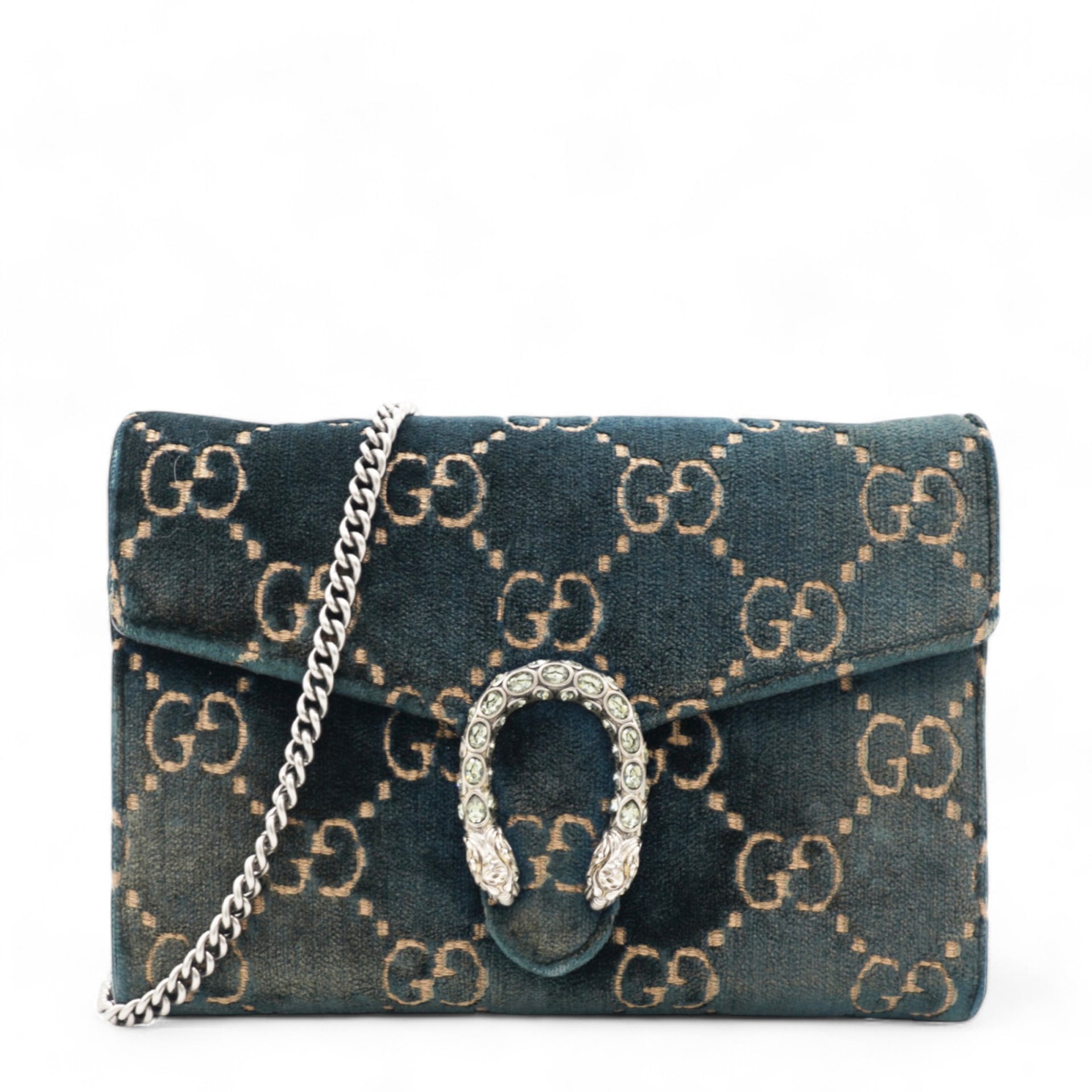  Gucci Velvet Crystal GG Monogram Dionysus Chain Wallet Blue 