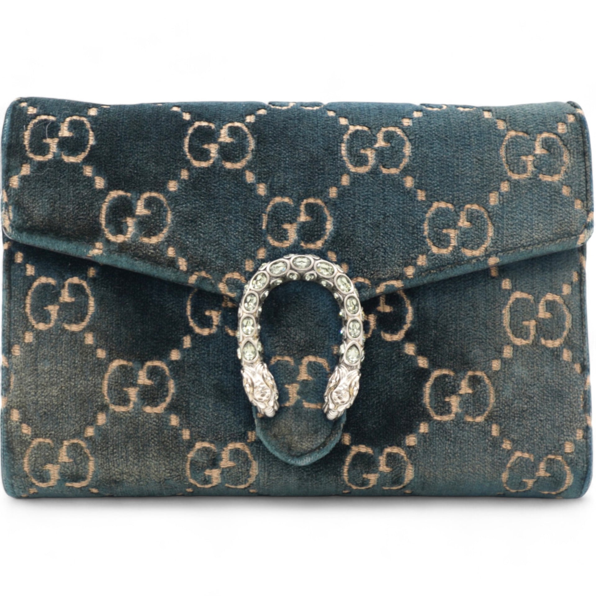  Gucci Velvet Crystal GG Monogram Dionysus Chain Wallet Blue 