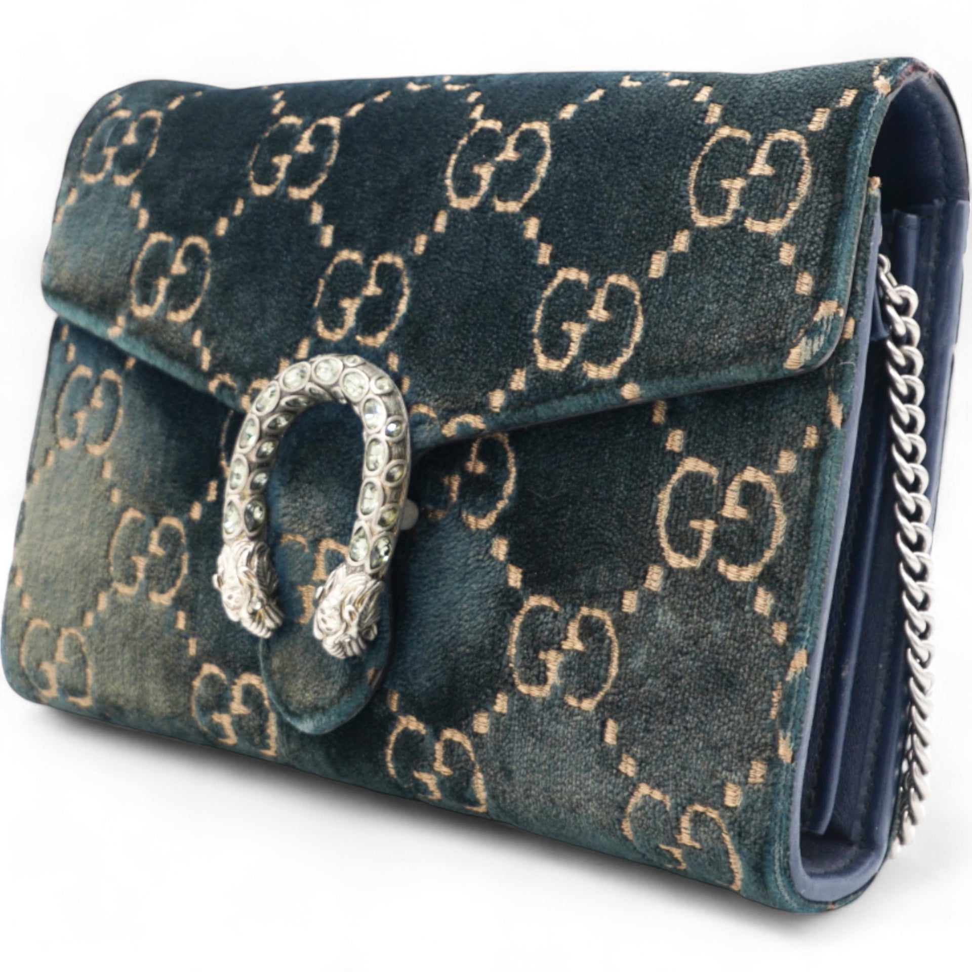  Gucci Velvet Crystal GG Monogram Dionysus Chain Wallet Blue 