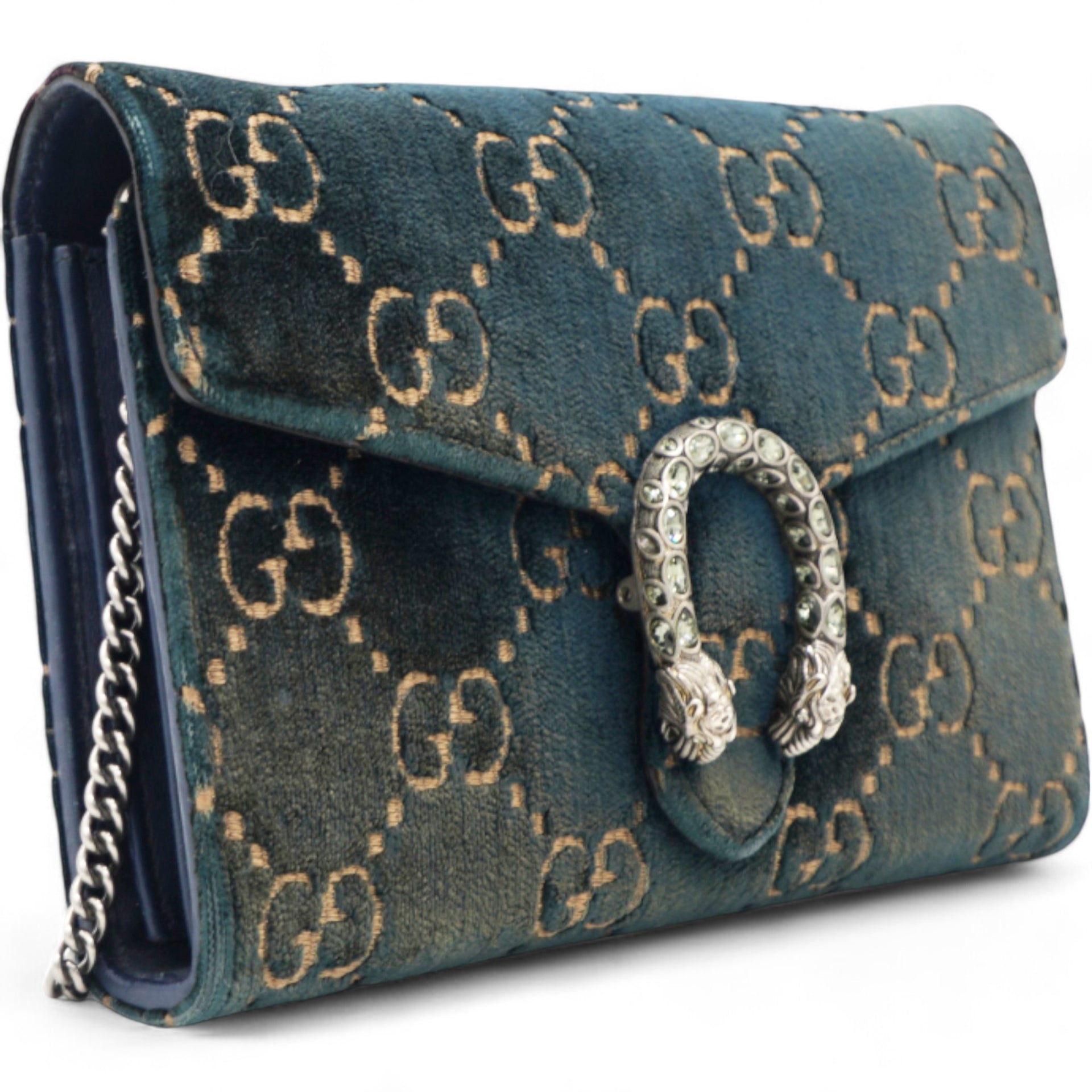  Gucci Velvet Crystal GG Monogram Dionysus Chain Wallet Blue 