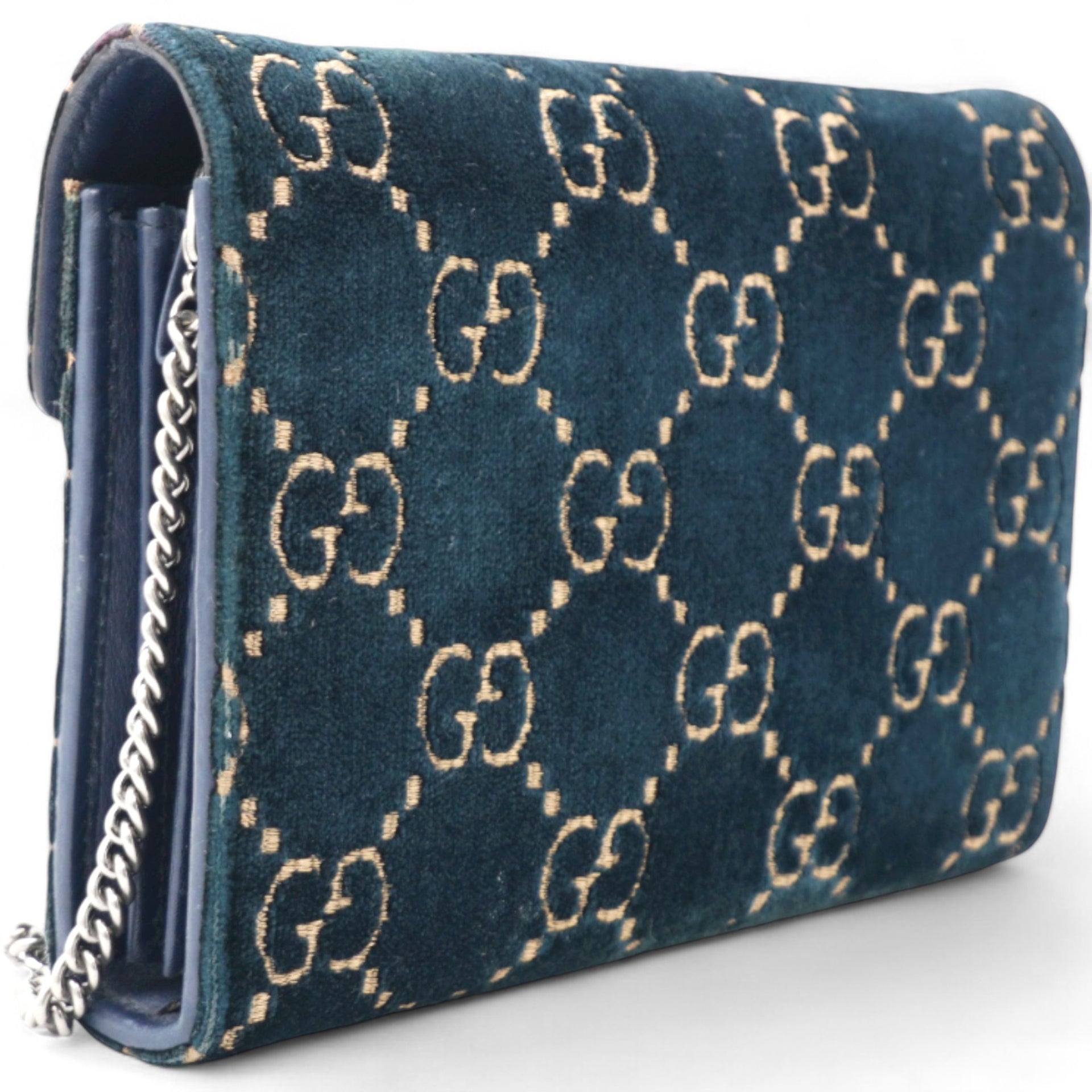  Gucci Velvet Crystal GG Monogram Dionysus Chain Wallet Blue 