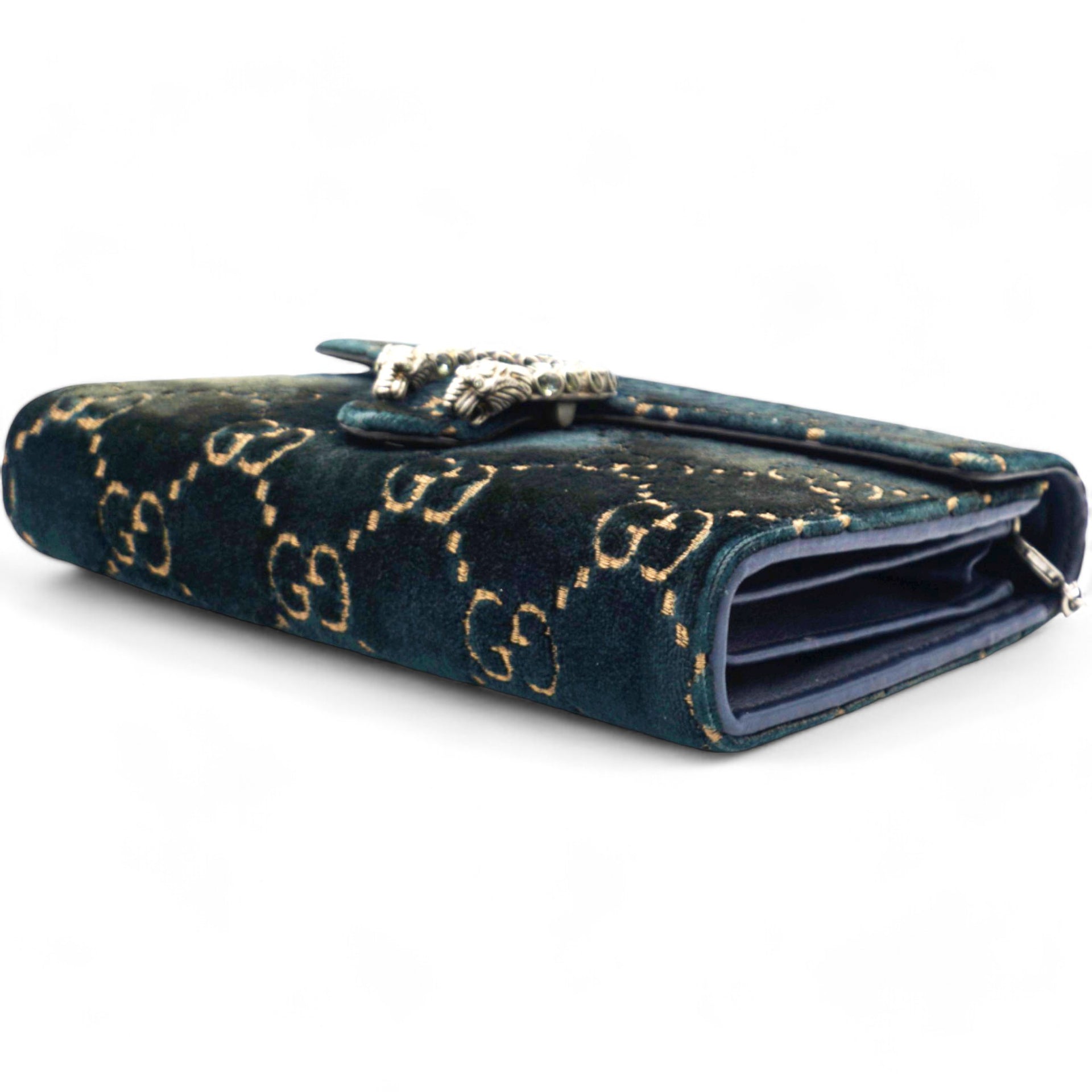  Gucci Velvet Crystal GG Monogram Dionysus Chain Wallet Blue 