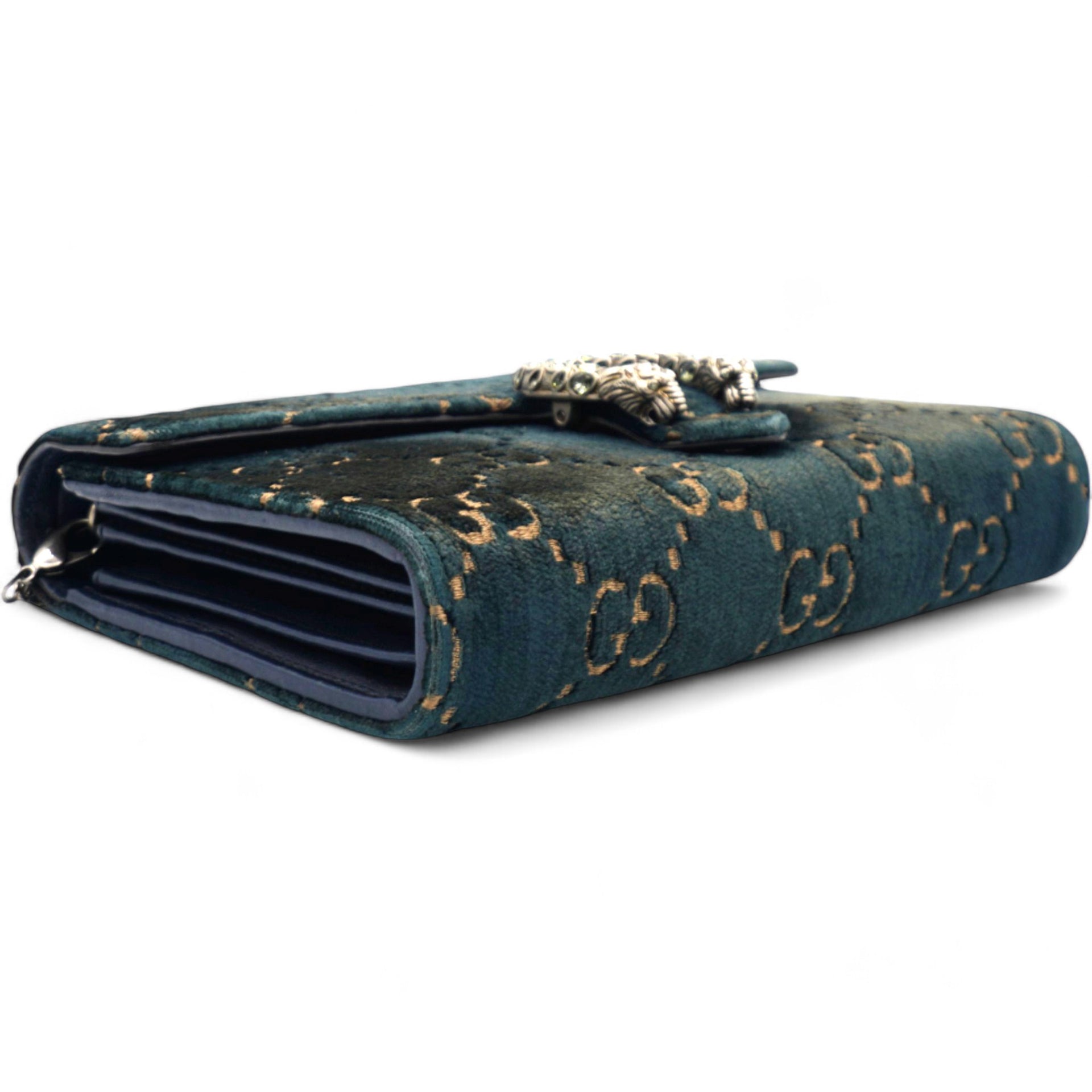  Gucci Velvet Crystal GG Monogram Dionysus Chain Wallet Blue 