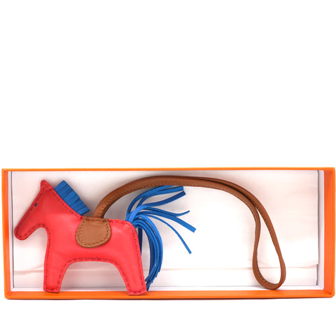 HERMES Milo Lambskin Grigri Rodeo Horse Bag Charm PM Rose Texas Bleu Zanzibar Gold 