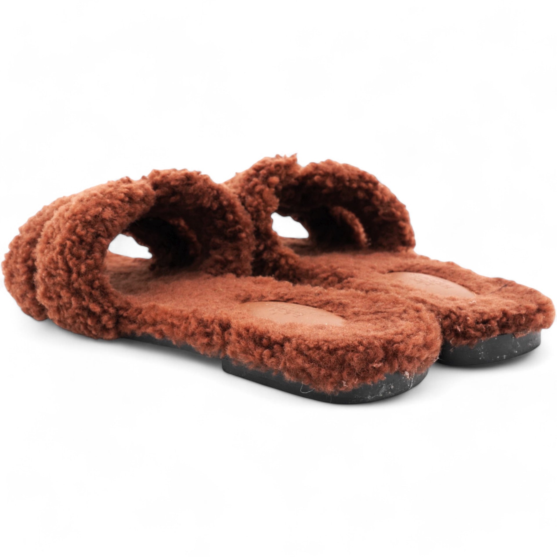 HERMES Woolskin Izmir Sandals Cognac Size 39 