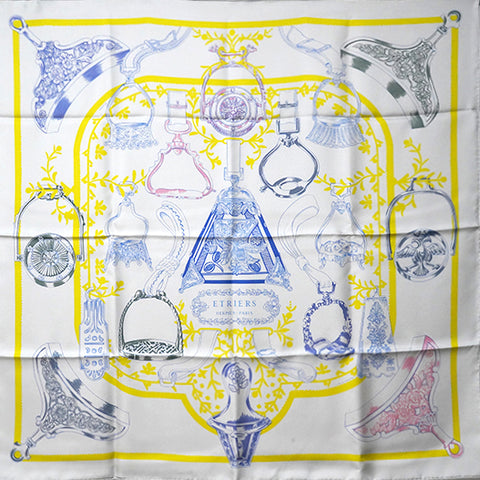 Hermes Carre 90 ETRIERS REMIX Silk Scarf Blue Yellow 