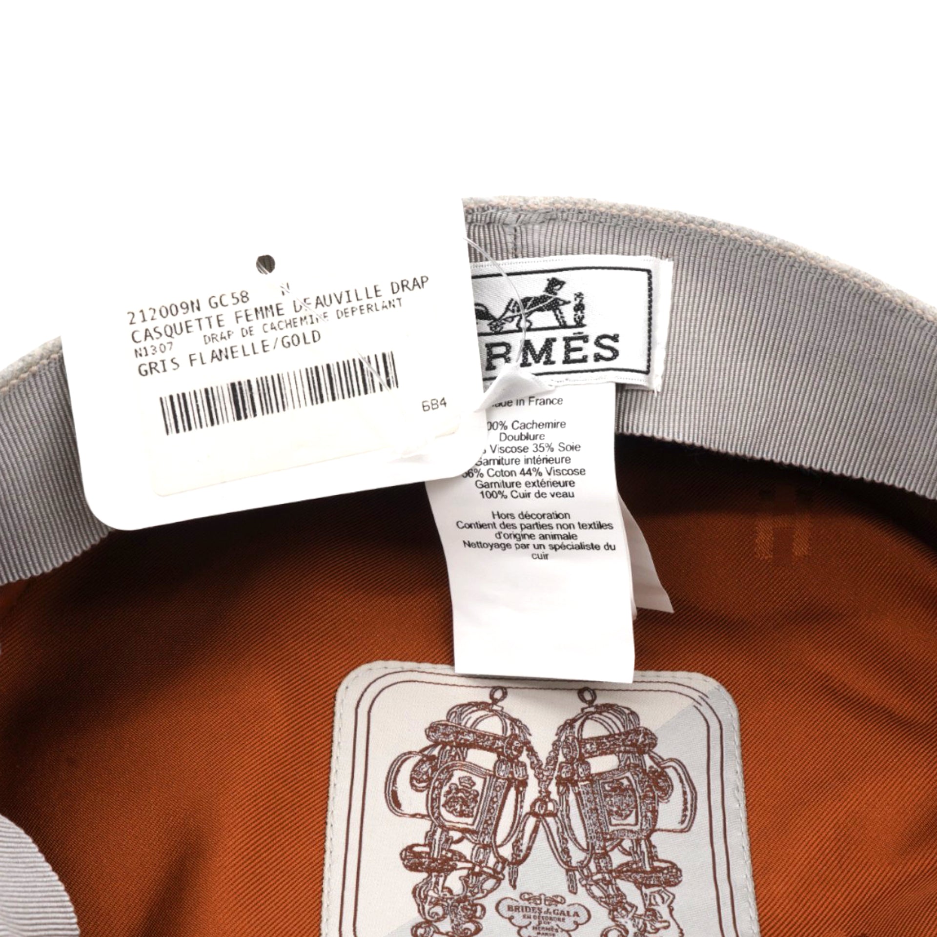 Hermes Cashmere Swift Womens Deauville Cap Gris Flanelle Gold Size58 