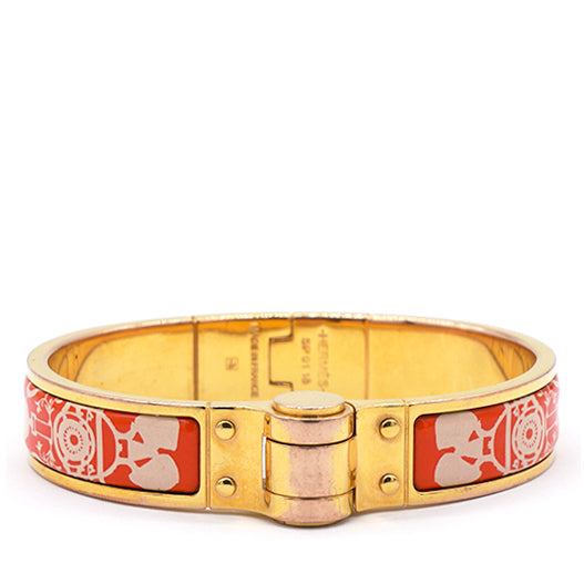 Hermes Red Horse Carriage Pattern Enamel Hinge Cuff Bracelet 