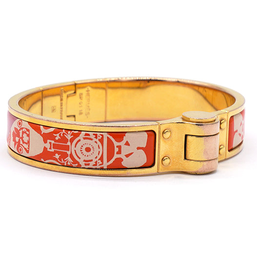Hermes Red Horse Carriage Pattern Enamel Hinge Cuff Bracelet 