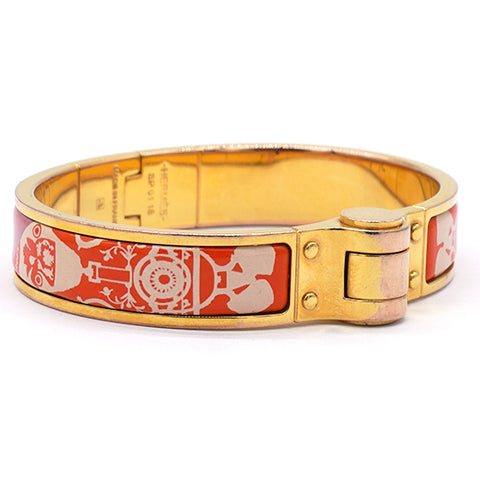 Hermes Red Horse Carriage Pattern Enamel Hinge Cuff Bracelet 