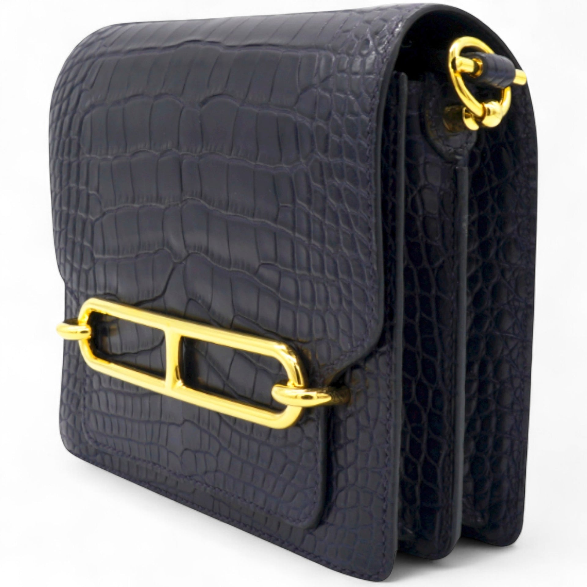 Hermes Roulis 19 Matte 78 Marine Shiny Alligator  Black 
