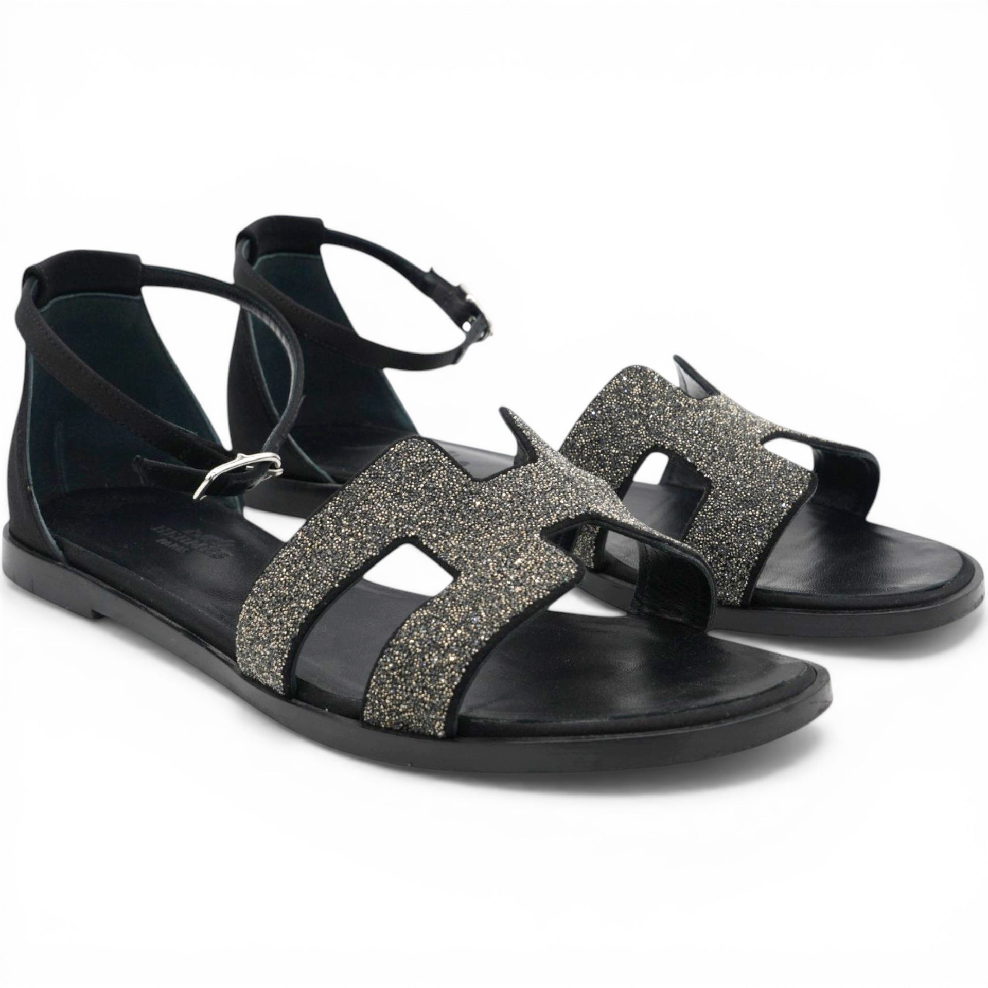 Hermes Satin Crystal Santorini Sandals Black Size36.5 