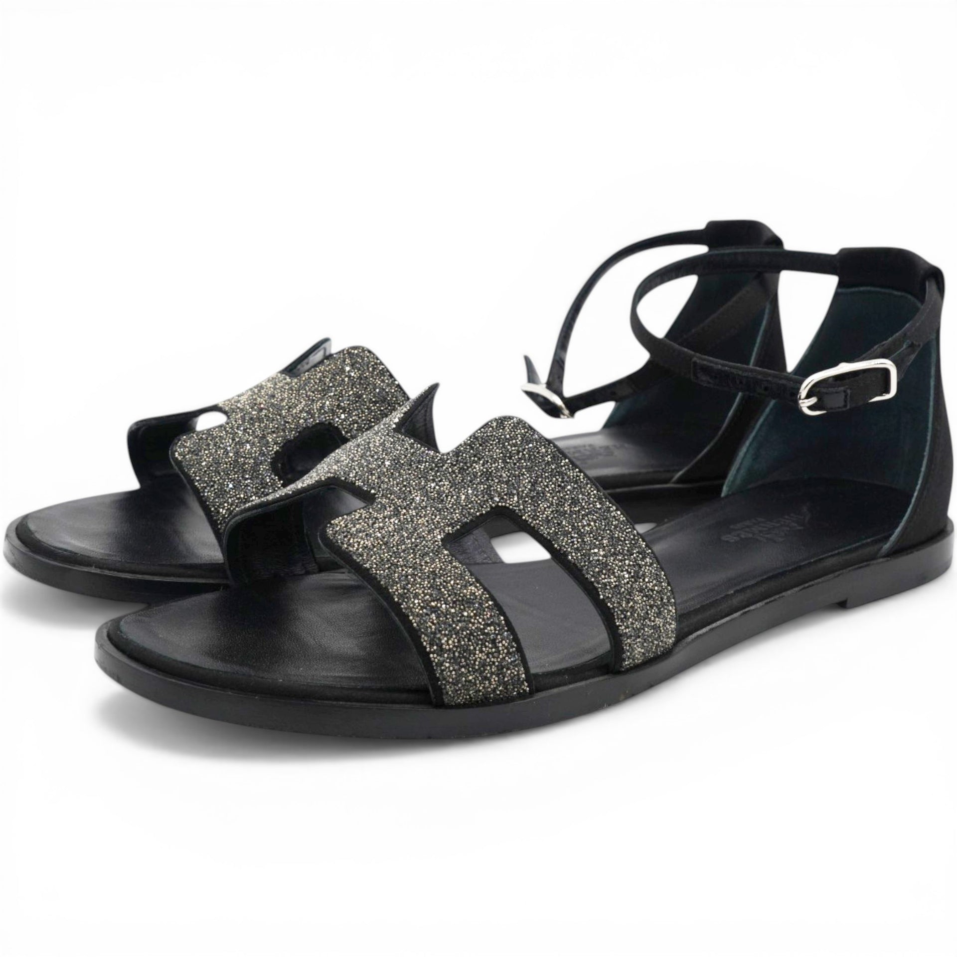 Hermes Satin Crystal Santorini Sandals Black Size36.5 