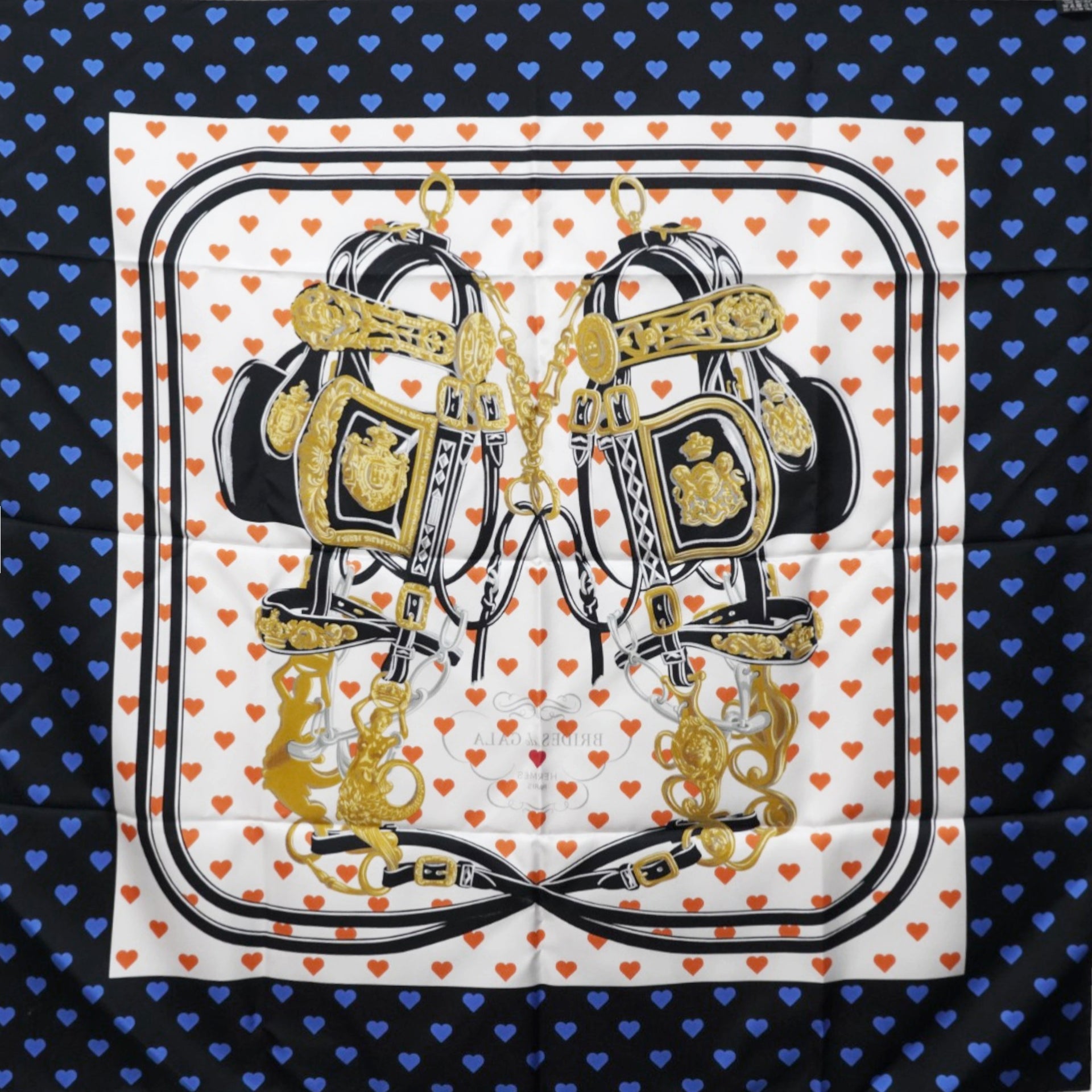 Hermes Silk Brides De Gala Love Pocket Square Black White Orange