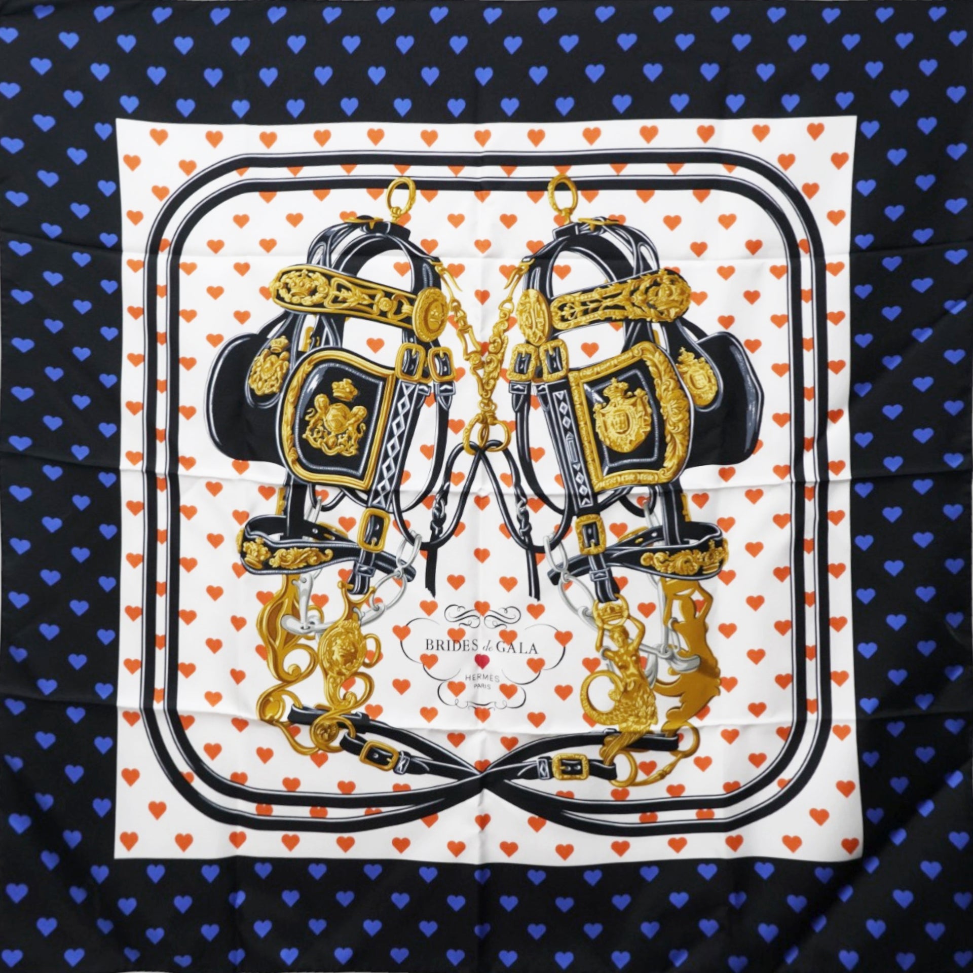 Hermes Silk Brides De Gala Love Pocket Square Black White Orange