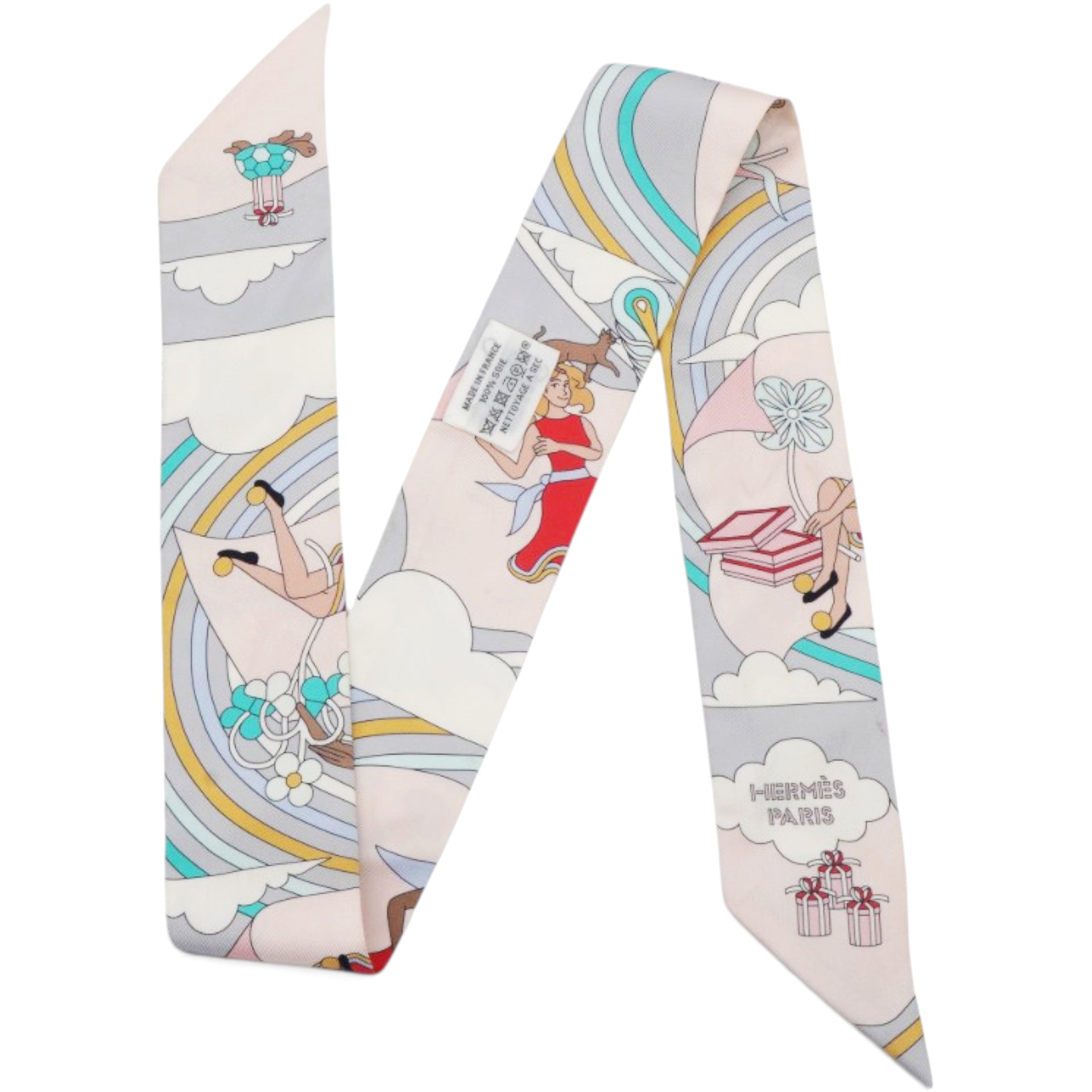 Hermes Silk Carres Volants Twilly Grenadine Gris Perle Rose Pale 