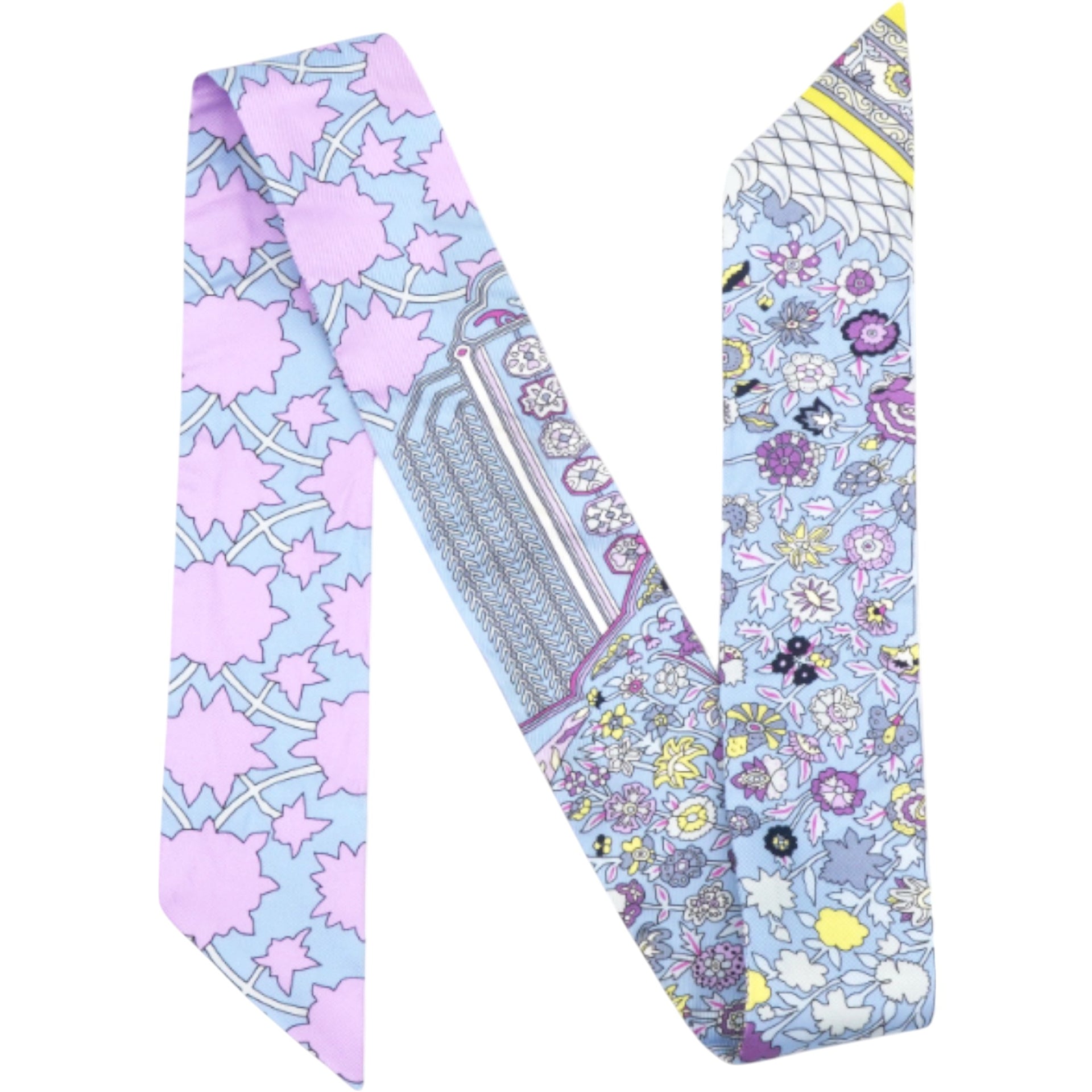  Hermes Silk Tapis Persans Twilly Rose Gris Bleuete Jaune Soufre 