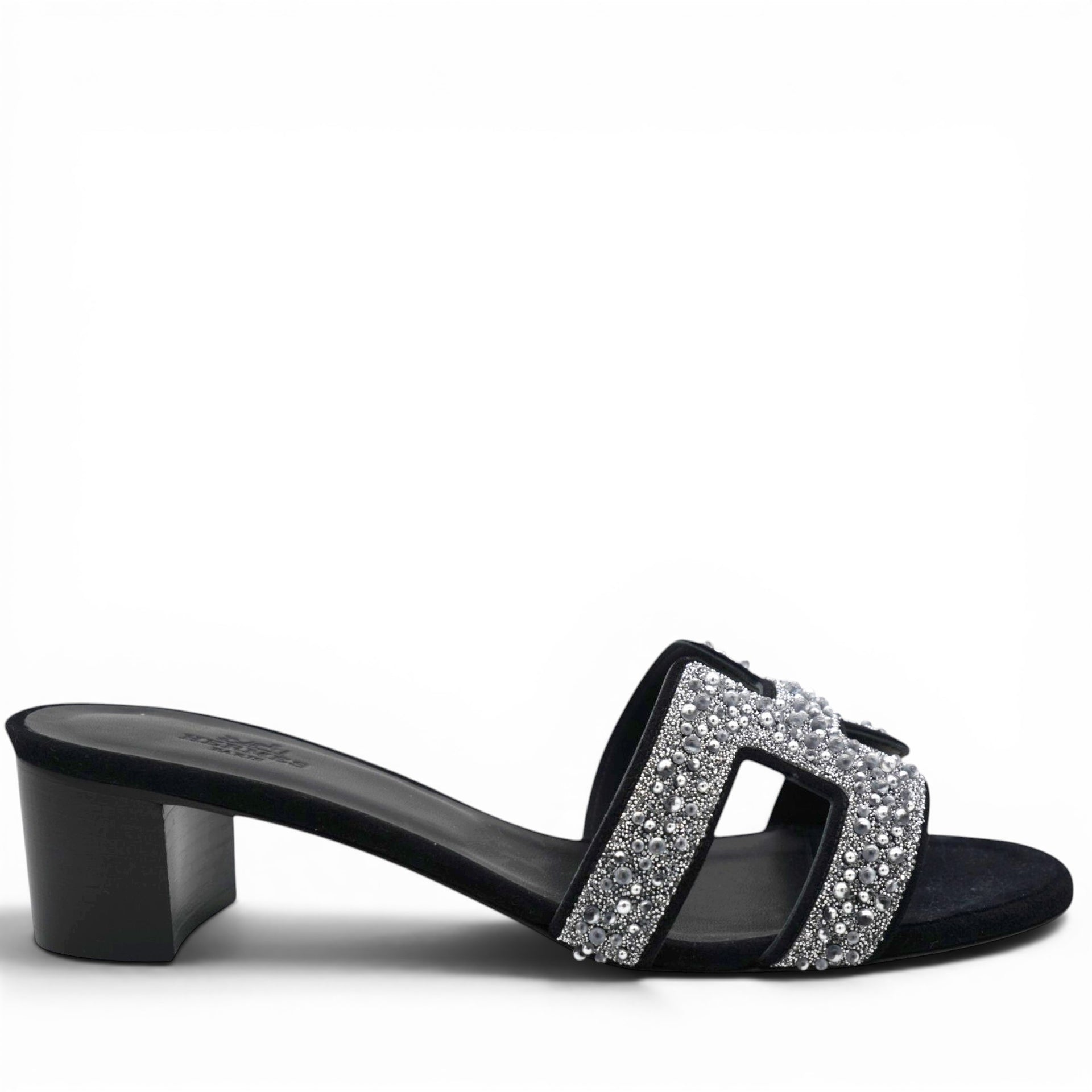 Hermes Silver/Black Beads And Suede Embellished Oasis Slide Sandals Size38