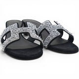 Hermes Silver/Black Beads And Suede Embellished Oasis Slide Sandals Size38 