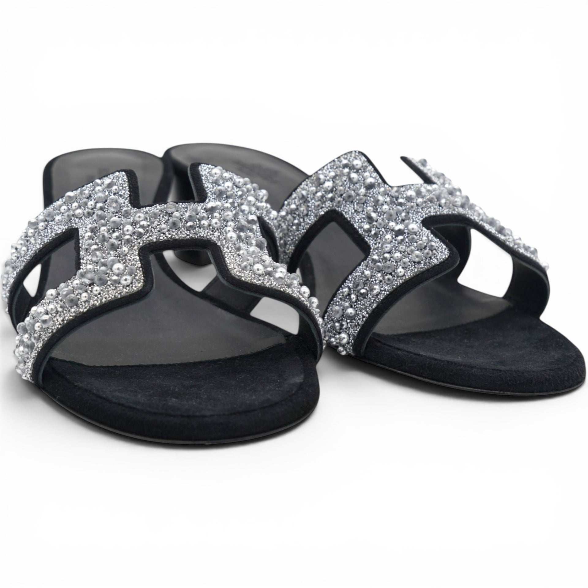 Hermes Silver/Black Beads And Suede Embellished Oasis Slide Sandals Size38 
