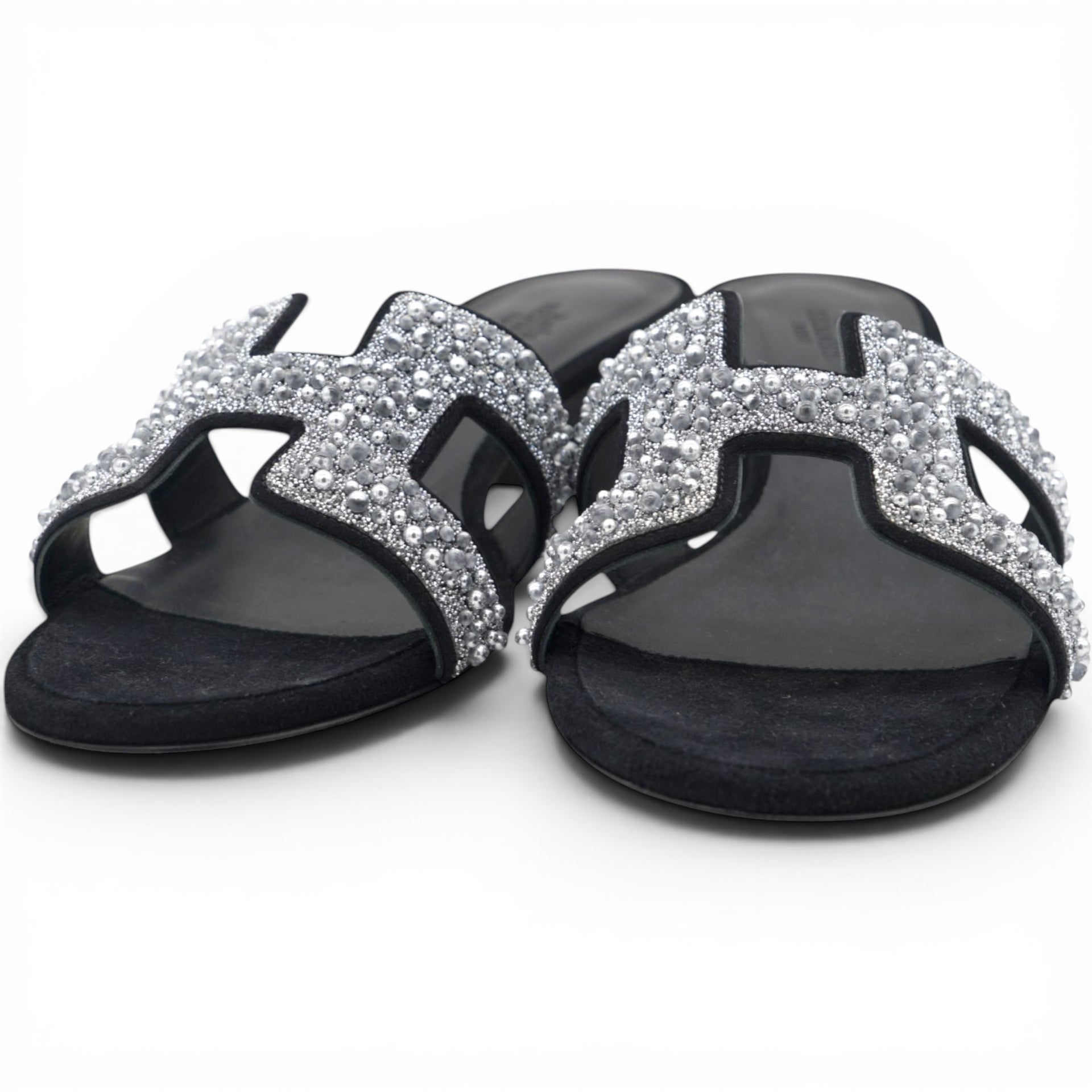Hermes Silver/Black Beads And Suede Embellished Oasis Slide Sandals Size38 