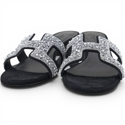 Hermes Silver/Black Beads And Suede Embellished Oasis Slide Sandals Size38 