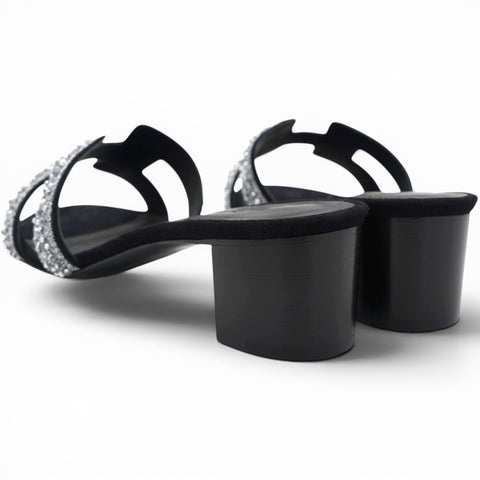 Hermes Silver/Black Beads And Suede Embellished Oasis Slide Sandals Size38 