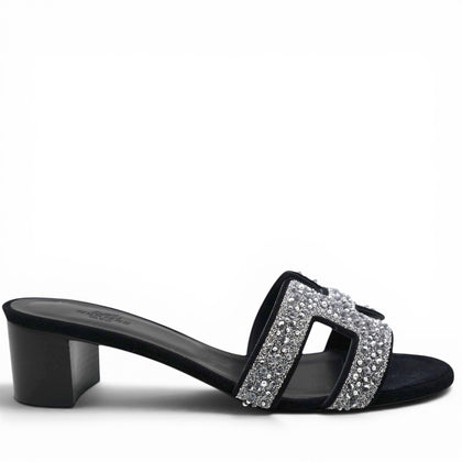 Hermes Silver/Black Beads And Suede Embellished Oasis Slide Sandals Size38