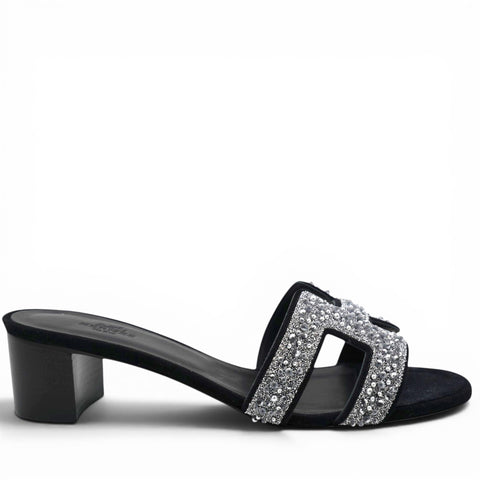 Hermes Silver/Black Beads And Suede Embellished Oasis Slide Sandals Size38