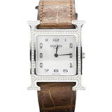 Hermes Stainless Steel Alligator Diamond Bezel Mother of Pearl 21mm Heure H Hour Quartz Watch Gris Elephant 
