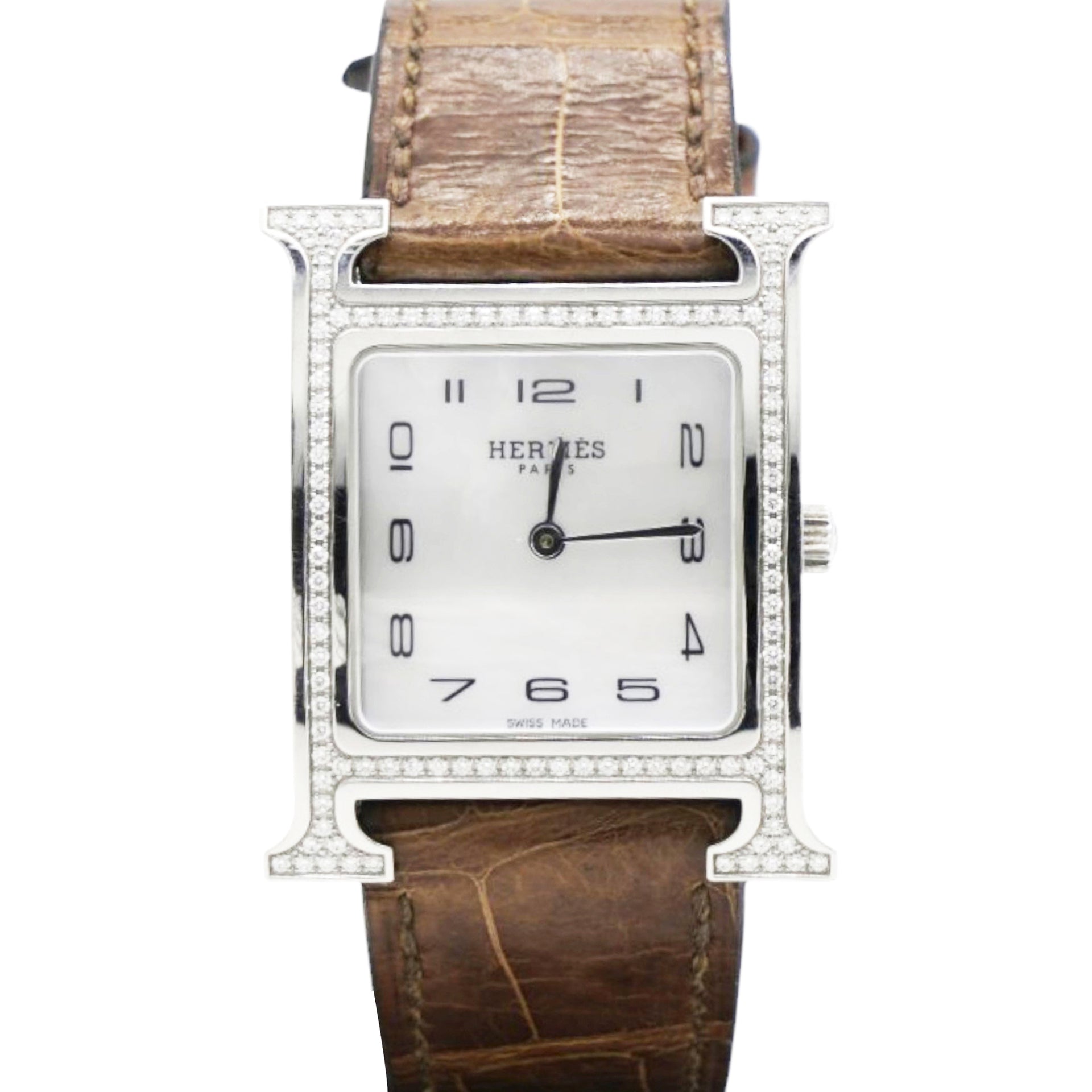Hermes Stainless Steel Alligator Diamond Bezel Mother of Pearl 21mm Heure H Hour Quartz Watch Gris Elephant 