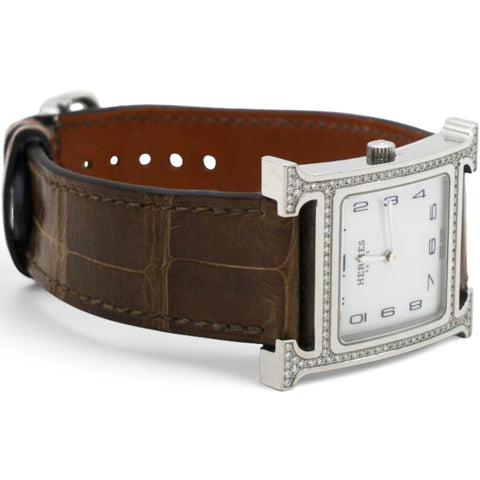 Hermes Stainless Steel Alligator Diamond Bezel Mother of Pearl 21mm Heure H Hour Quartz Watch Gris Elephant 
