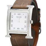 Hermes Stainless Steel Alligator Diamond Bezel Mother of Pearl 21mm Heure H Hour Quartz Watch Gris Elephant 