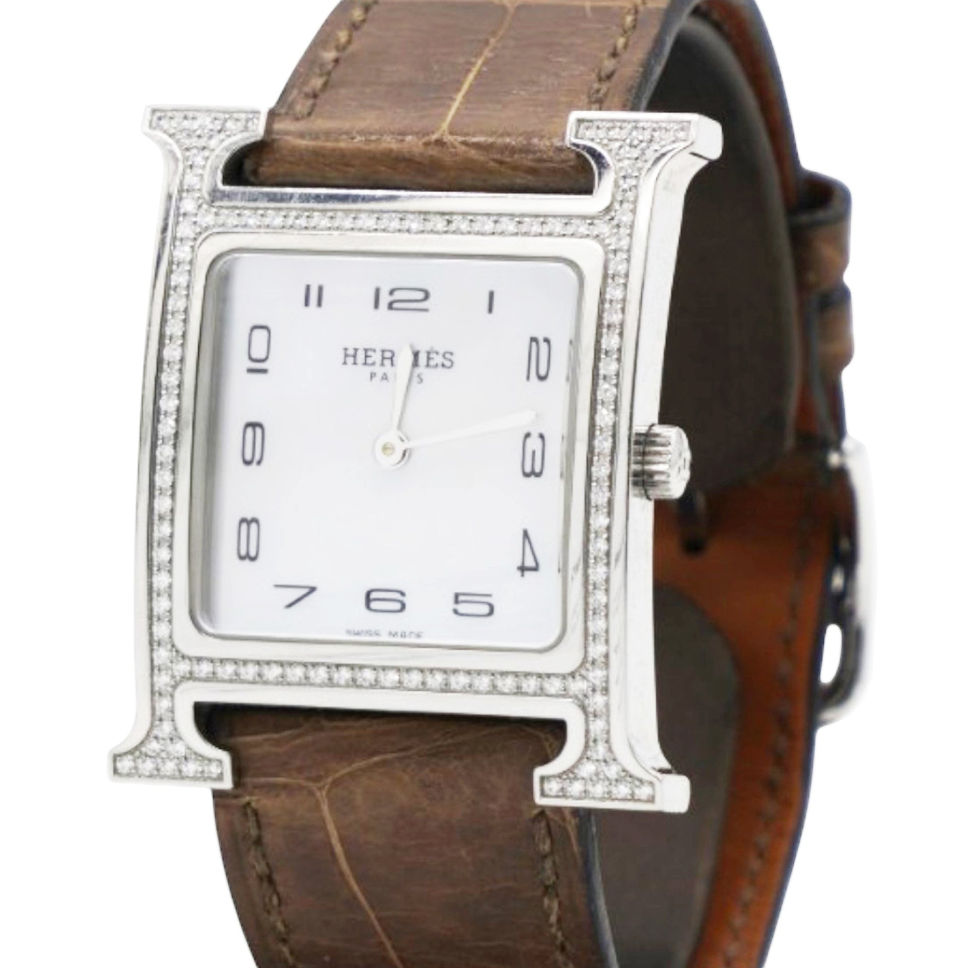 Hermes Stainless Steel Alligator Diamond Bezel Mother of Pearl 21mm Heure H Hour Quartz Watch Gris Elephant 