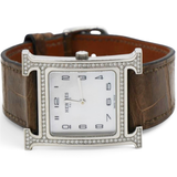 Hermes Stainless Steel Alligator Diamond Bezel Mother of Pearl 21mm Heure H Hour Quartz Watch Gris Elephant 