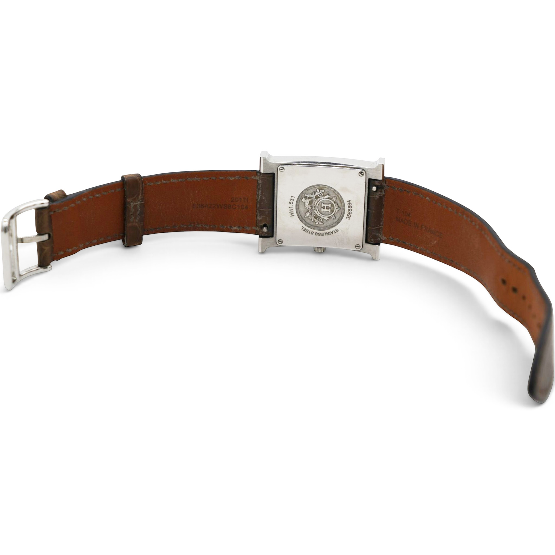 Hermes Stainless Steel Alligator Diamond Bezel Mother of Pearl 21mm Heure H Hour Quartz Watch Gris Elephant 