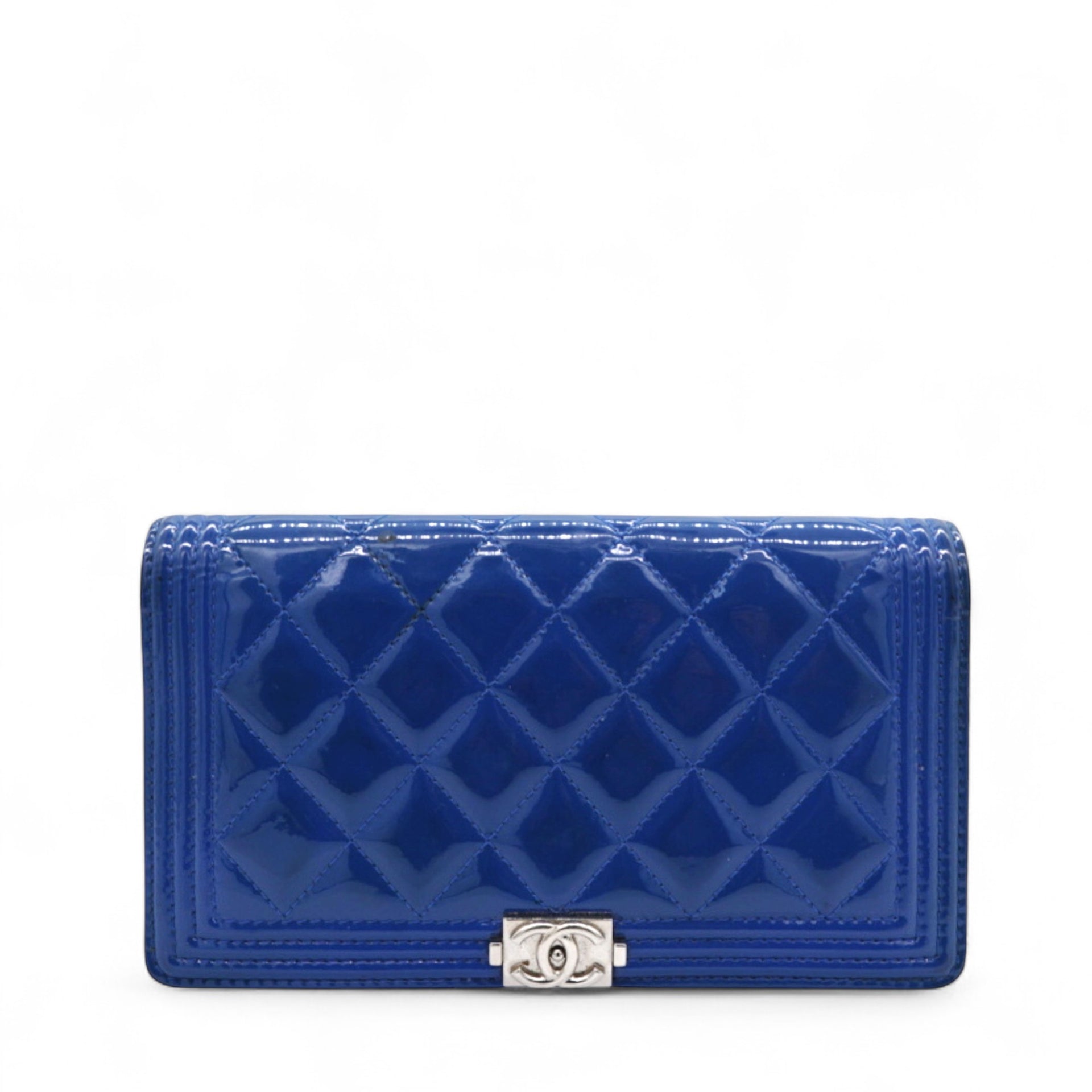 Patent Leather Quilted Boy Yen Wallet Dark Blue