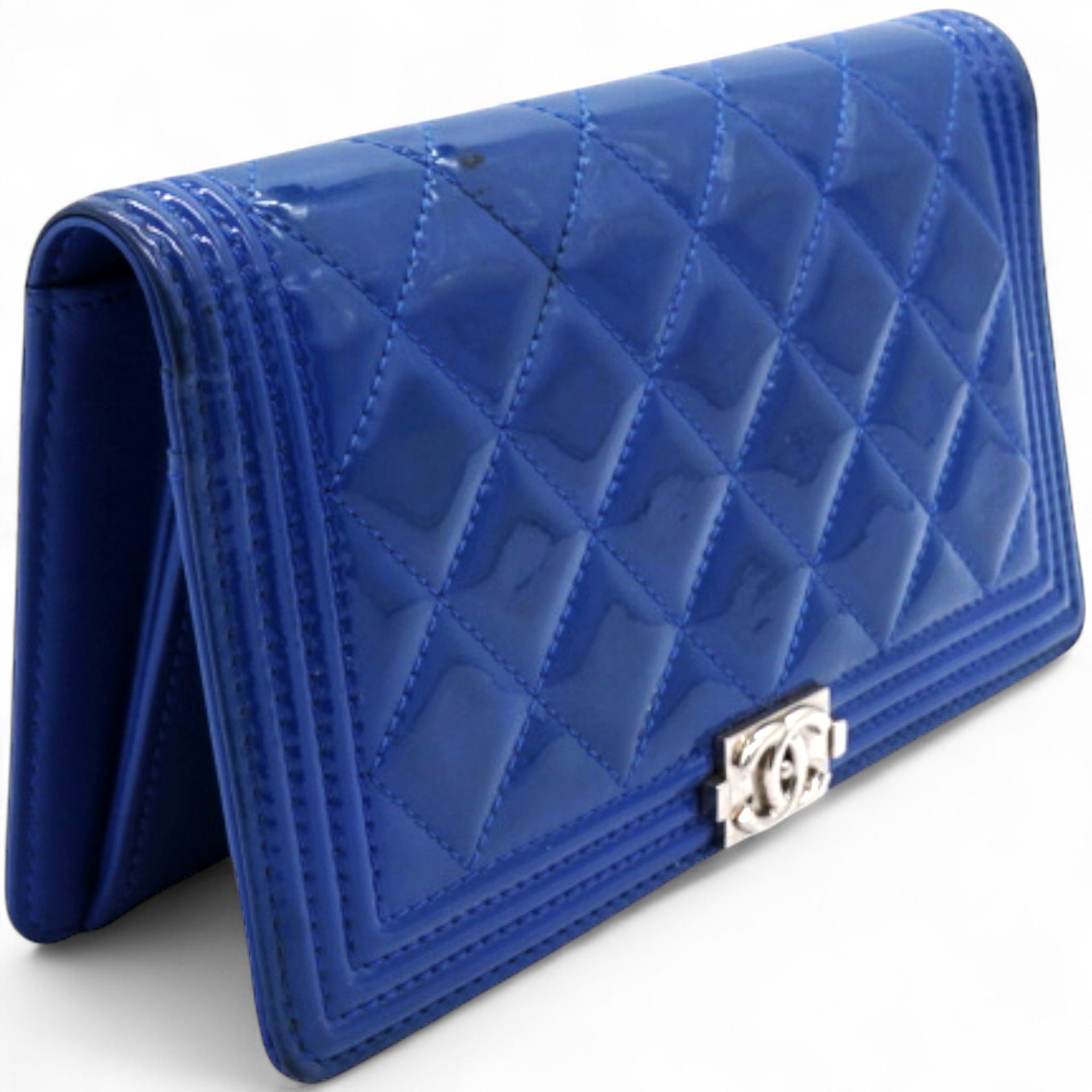 Patent Leather Quilted Boy Yen Wallet Dark Blue