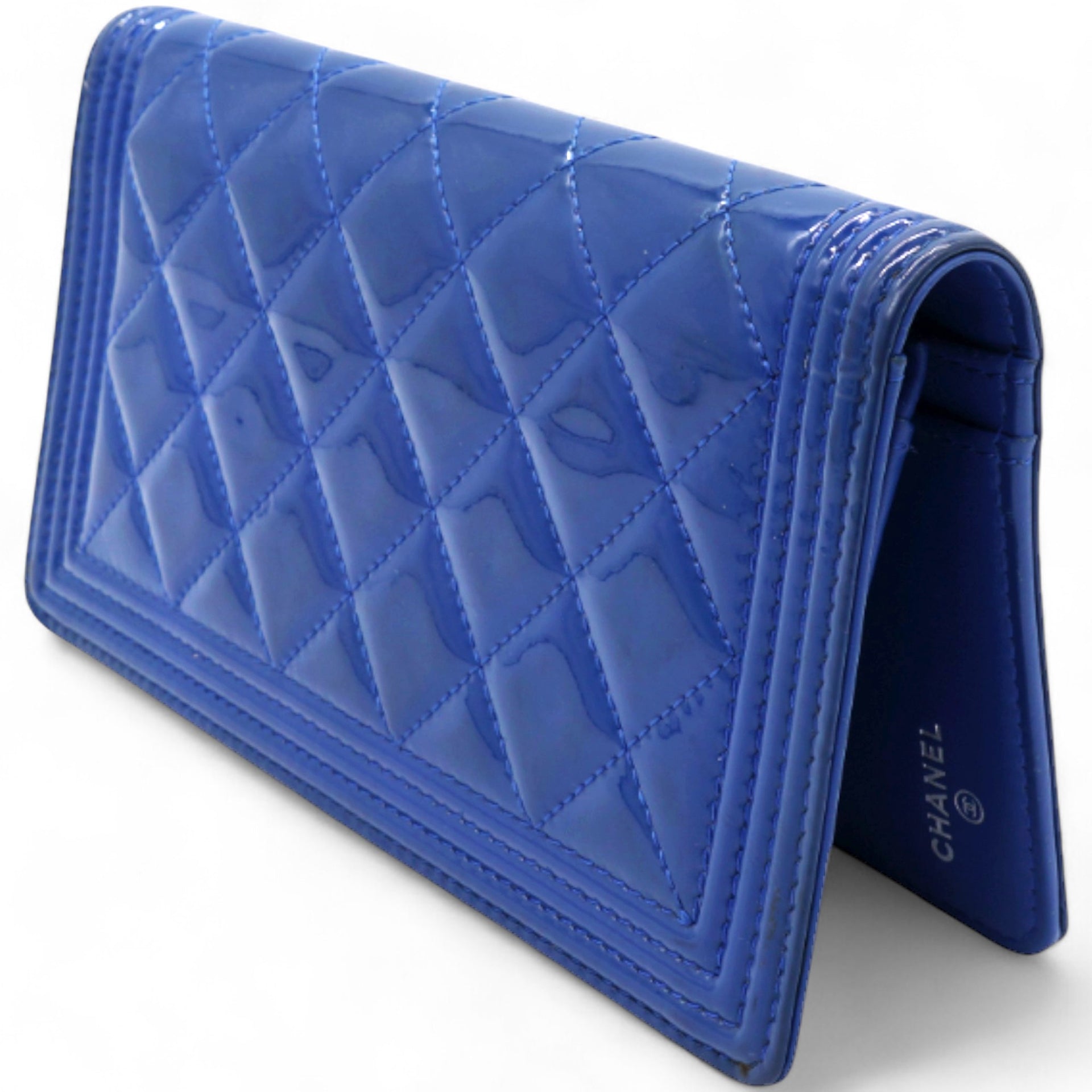 Patent Leather Quilted Boy Yen Wallet Dark Blue