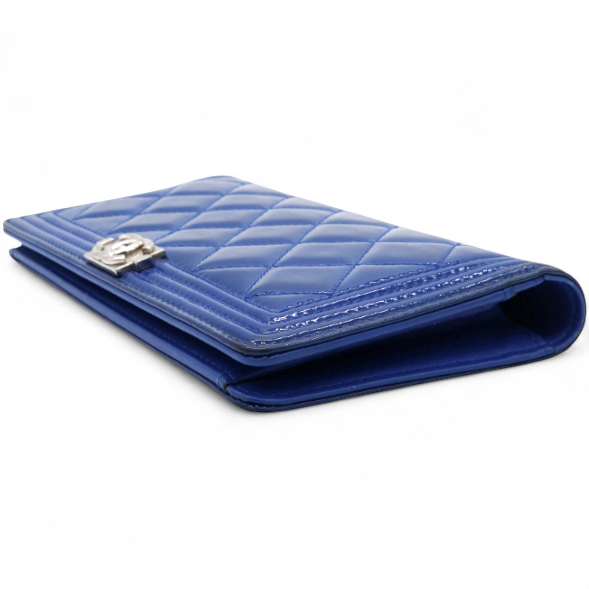 Patent Leather Quilted Boy Yen Wallet Dark Blue