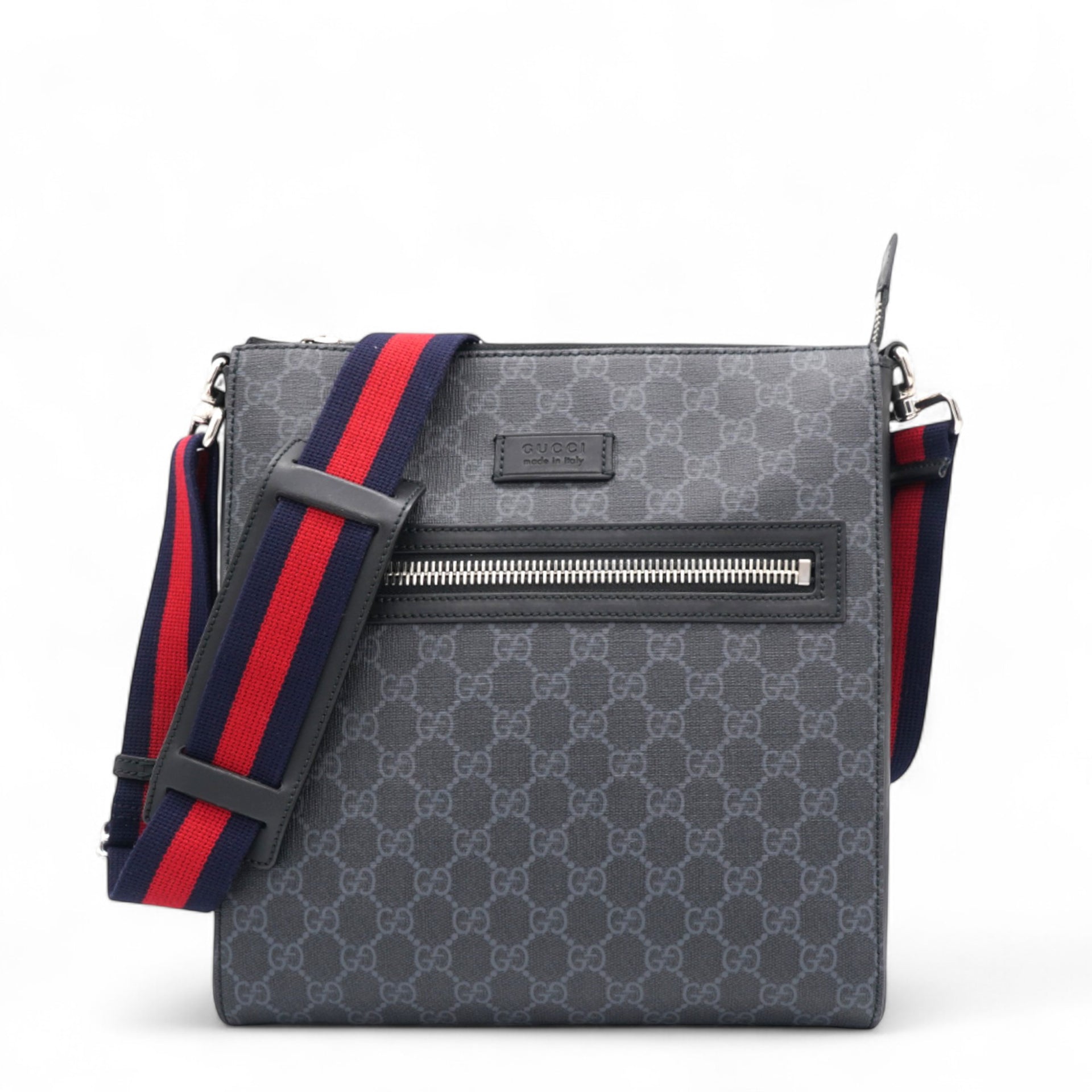 GG Supreme Monogram Appia Web Flat Messenger Bag Black Grey