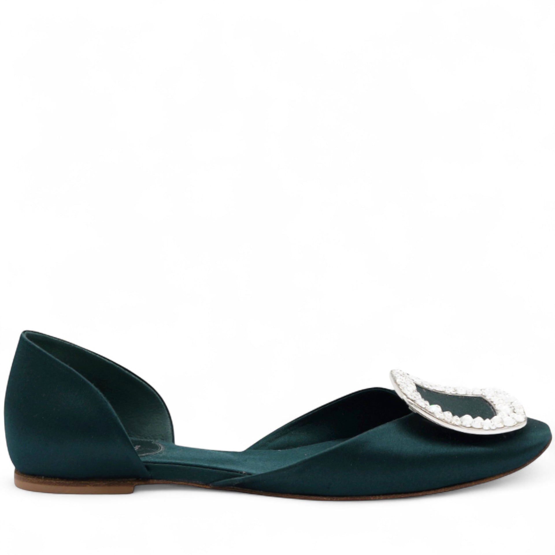 Chips Crystal Strass Buckle D'Orsay Flats In Green Satin Size34